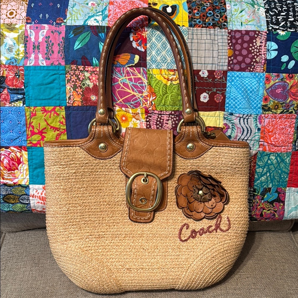 Coach Tan and Brown Woven Tote Bag
